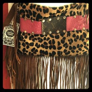 Leather Leopard & PINK CROC Fringe Crossbody.